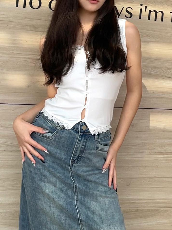 Lace Button-Up Slim-Fit Crop Tank Top - AnotherChill