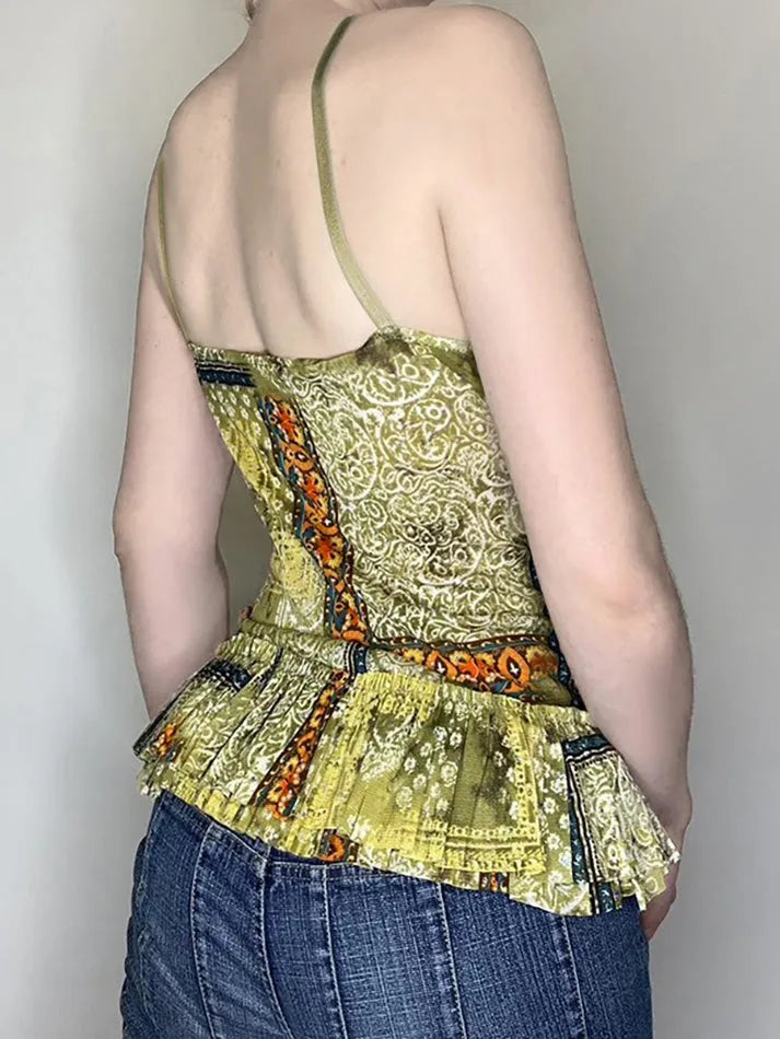 Vintage Printed Lace Bow Tie Cami Top