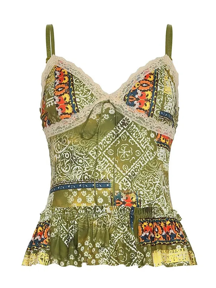 Vintage Printed Lace Bow Tie Cami Top