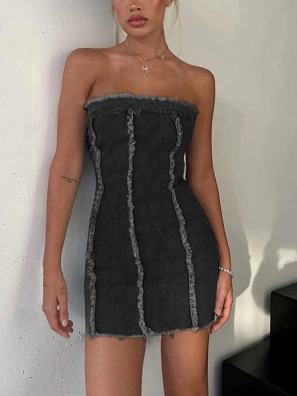 Denim Raw Edge Splice Bandeau Mini Dress - AnotherChill