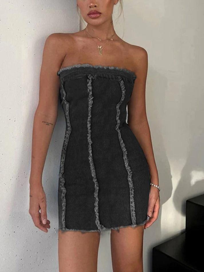 Denim Raw Edge Splice Bandeau Mini Dress - AnotherChill