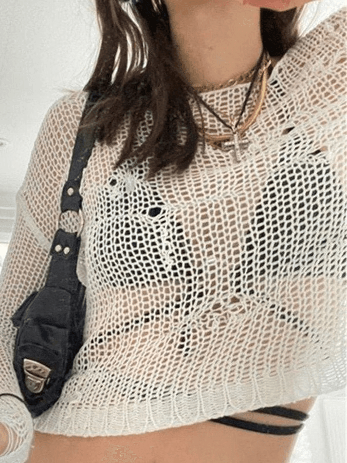 Distressed Crochet Knit Long Sleeve Crop Top - AnotherChill