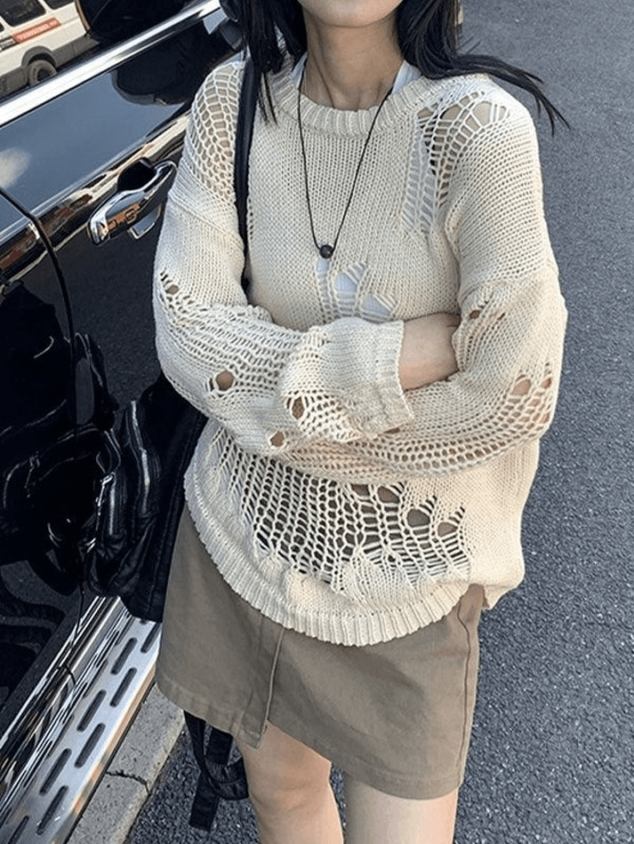 Distressed Crochet Knit Sweater - AnotherChill