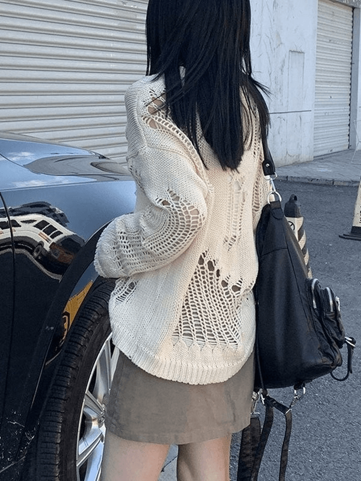 Distressed Crochet Knit Sweater - AnotherChill
