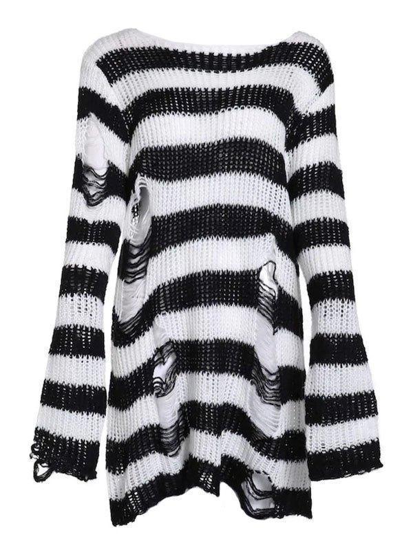 Distressed Stripe Longline Sweater - AnotherChill