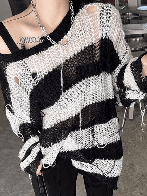 Distressed Striped Knit Top - AnotherChill