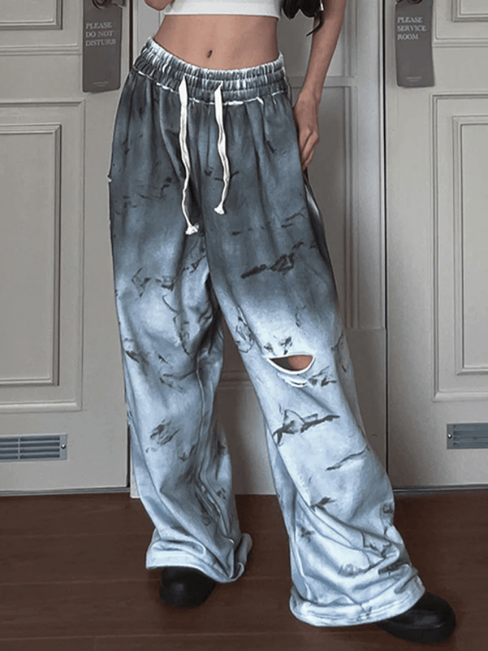 Drawstring Elastic Waist Tie Dye Wide Leg Pants - AnotherChill