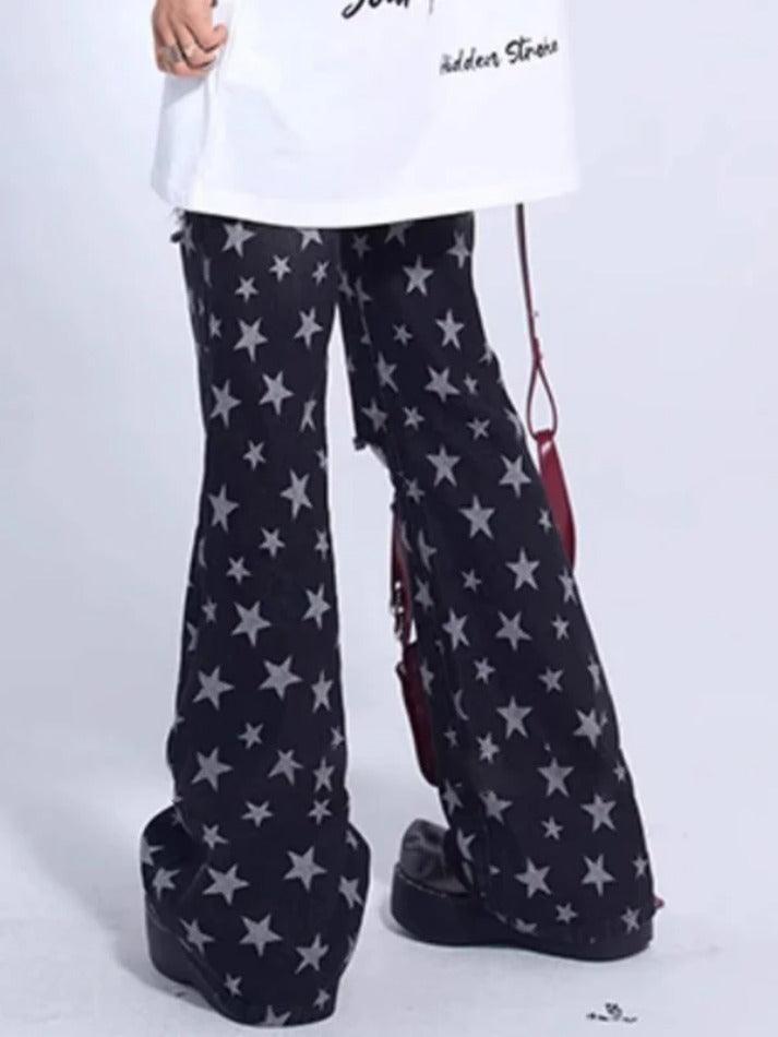 Vintage Star Print Ripped Flare Jeans - AnotherChill