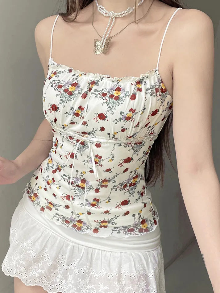 Floral Ruched Mesh Cami Top