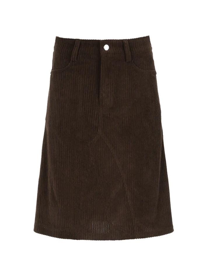 Vintage Brown Corduroy High Rise A-line Midi Skirt - AnotherChill