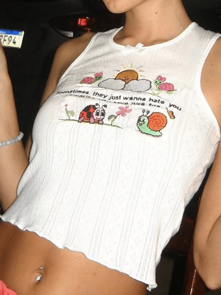 Embroidered Navel Short Cami Top - AnotherChill