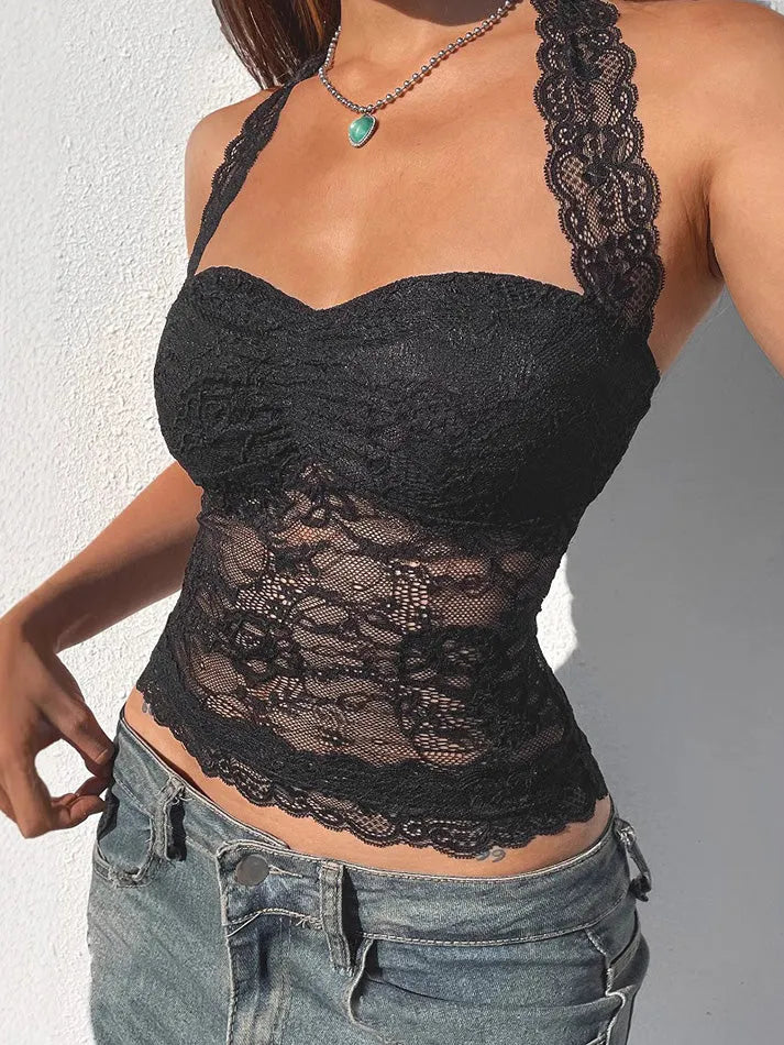 Solid Sheer Lace Halter TieTank Top