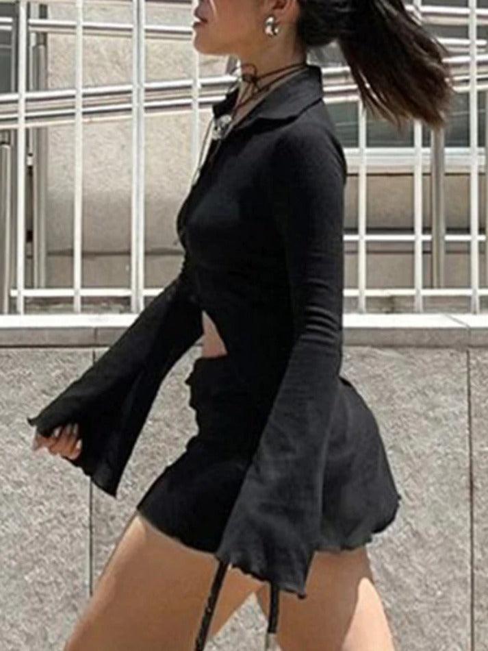Flare Sleeve Slit Hem Ruched Wrap Hip Two Piece - AnotherChill