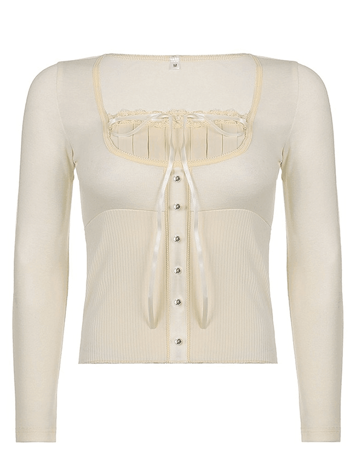 Fleece Bow-Neck Ribbed Lace Blouse - AnotherChill