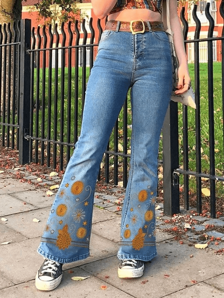 Floral Embroidery Flare Jeans - AnotherChill