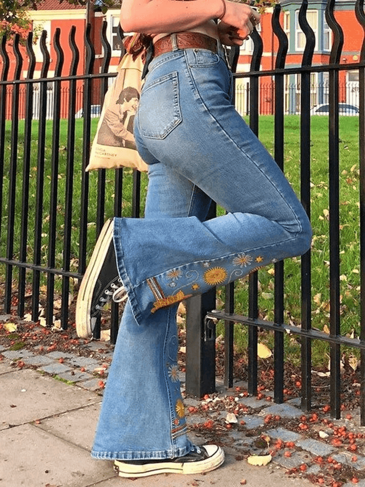 Floral Embroidery Flare Jeans - AnotherChill