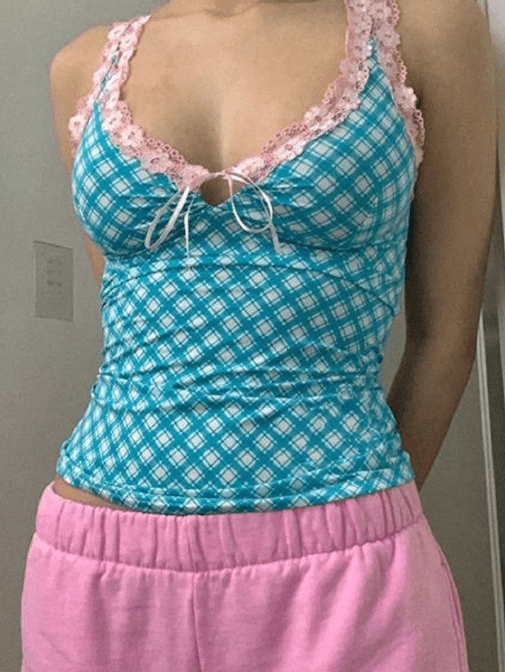Floral Lace Trim Checkered Cropped Tank Top - AnotherChill