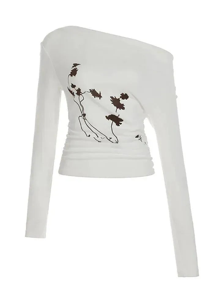 Floral Print Off-Shoulder Ruched Long Sleeve Top - AnotherChill