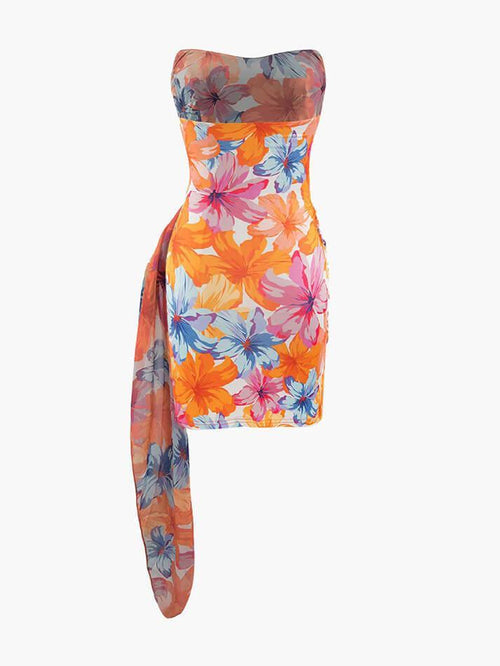 floral print wrap ruched strapless mini dress Imani Strapless Floral Applique Mini Dress  VICI