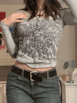 Floral Rhinestone Long Sleeve Crop Top - AnotherChill