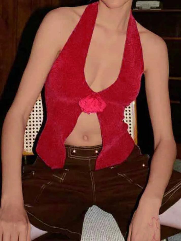 Flower Decor Big Slit Halter Vest - AnotherChill