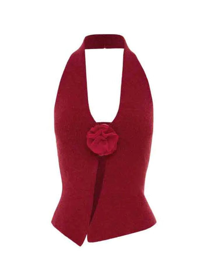 Flower Decor Big Slit Halter Vest - AnotherChill