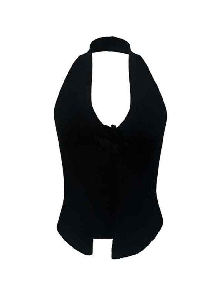 Flower Decor Big Slit Halter Vest - AnotherChill