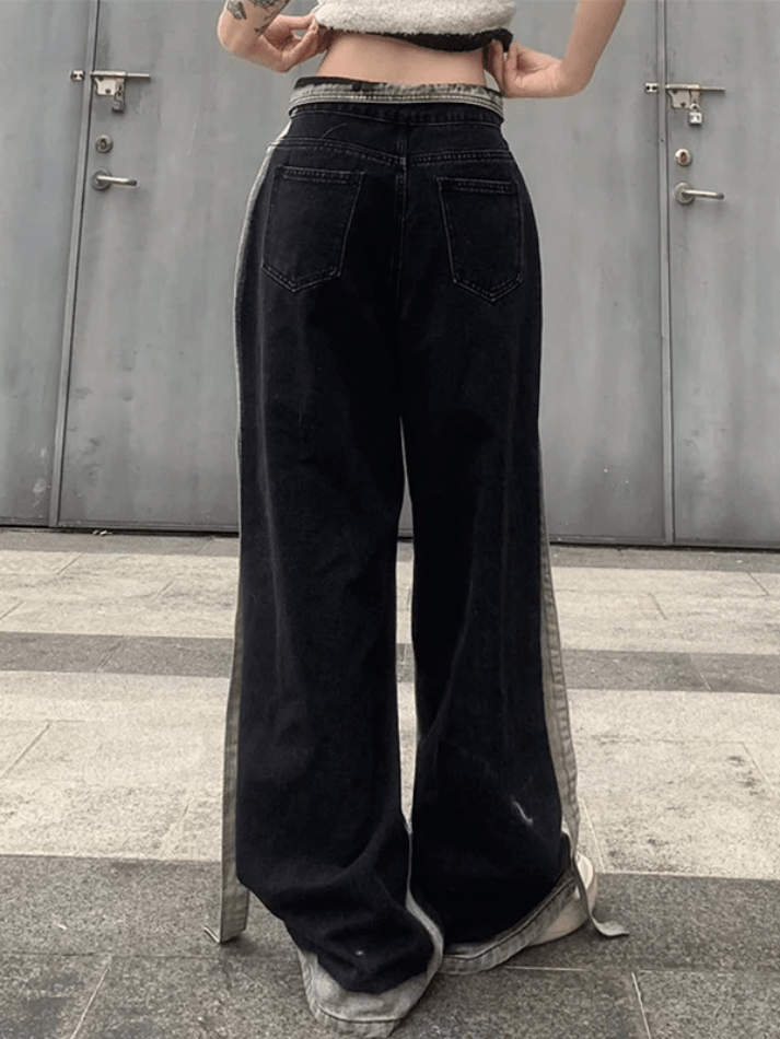 Fold Over Contrast Color With Ribbon Loose Boyfriend Jeans - AnotherChill