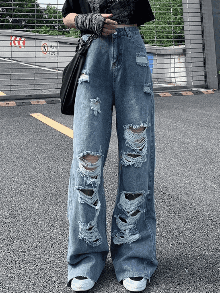 Frayed Detail High Waist Ripped Jeans - AnotherChill