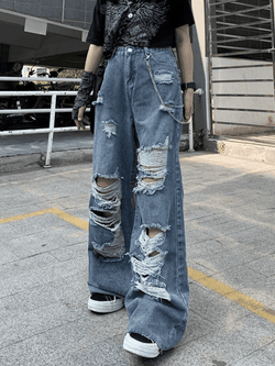 2024 Frayed Detail High Waist Ripped Jeans Blue S in Jeans Online