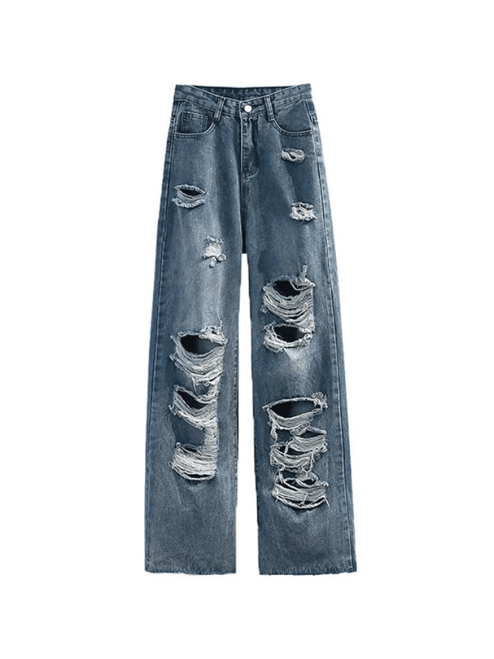 2024 Frayed Detail High Waist Ripped Jeans Blue S in Jeans Online Store ...