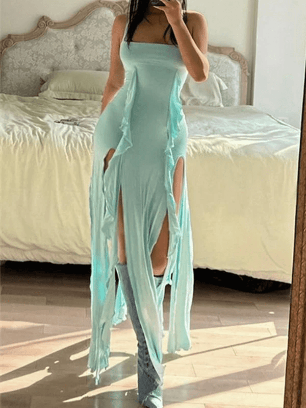Frill Strap Slit Halter Bodycon Mini Dress - AnotherChill
