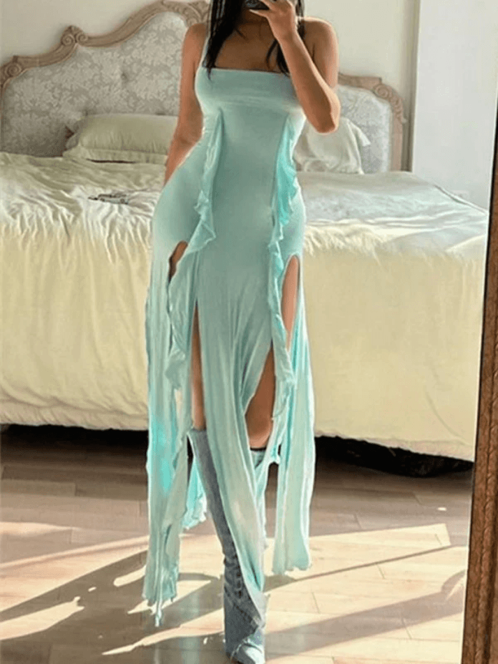 Frill Strap Slit Halter Bodycon Mini Dress - AnotherChill
