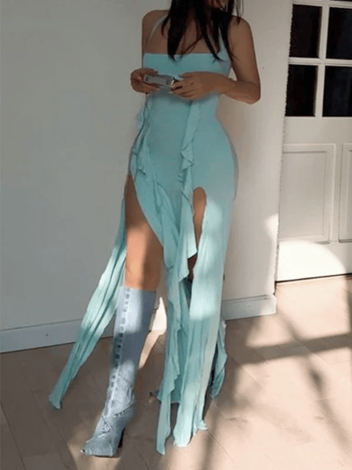 Frill Strap Slit Halter Bodycon Mini Dress - AnotherChill