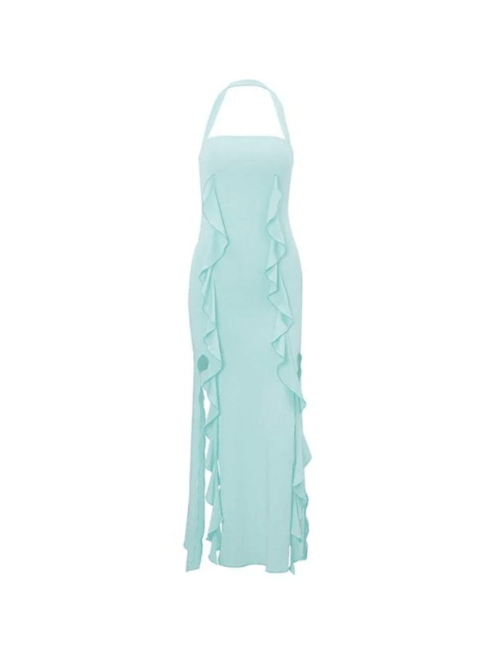 Frill Strap Slit Halter Bodycon Mini Dress - AnotherChill