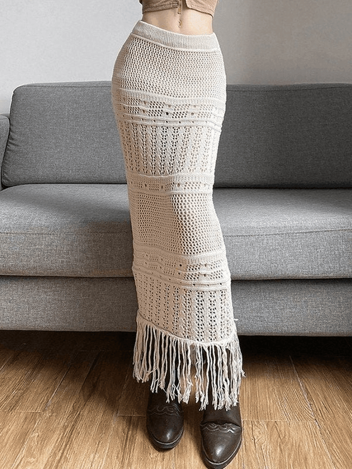 Fringed Crochet Hollow Knit Long Skirt - AnotherChill