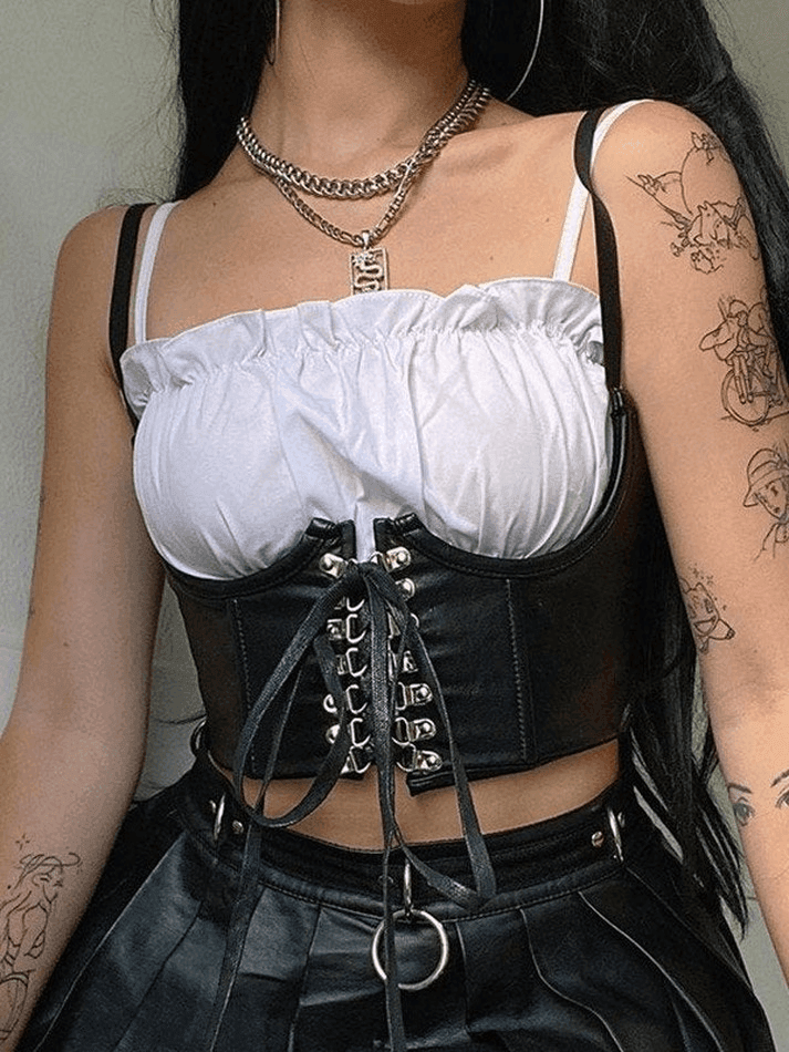 Front Tie Pu Leather Cropped Bustier - AnotherChill