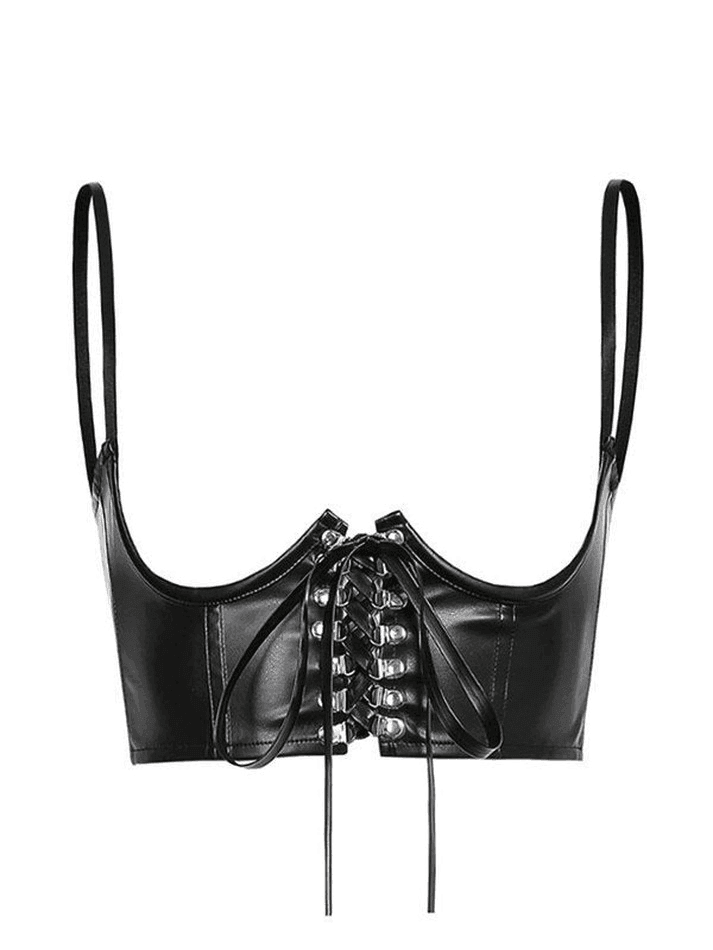 Front Tie Pu Leather Cropped Bustier - AnotherChill