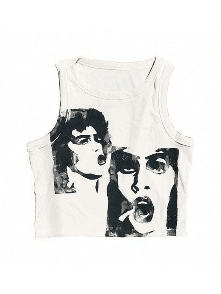 Funny Face Print Cropped Tank Top - AnotherChill