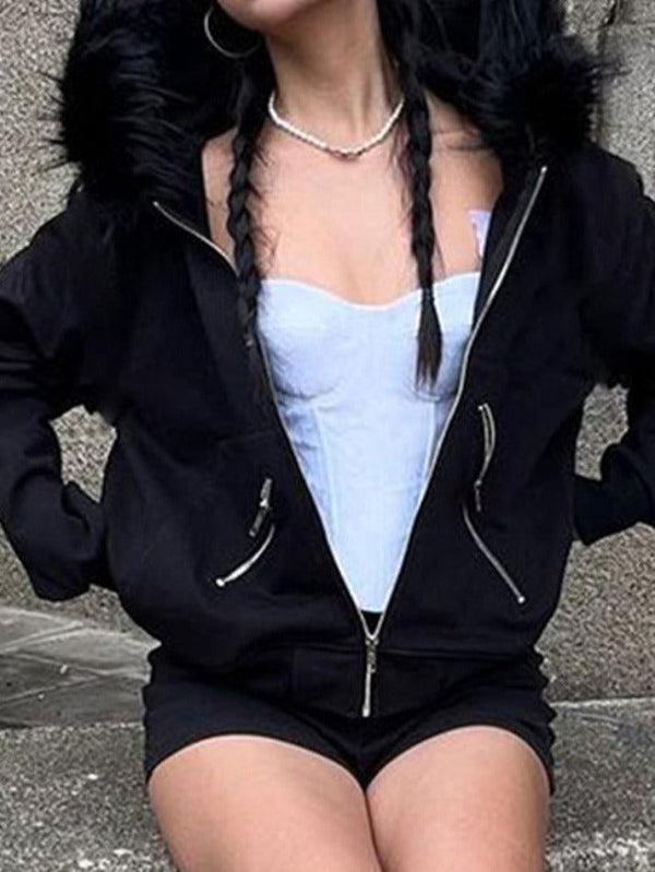 Fuzzy Collar Slant Pocket Oversized Hoodie - AnotherChill