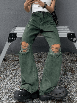 Green Wash Knee Ripped Jeans - AnotherChill