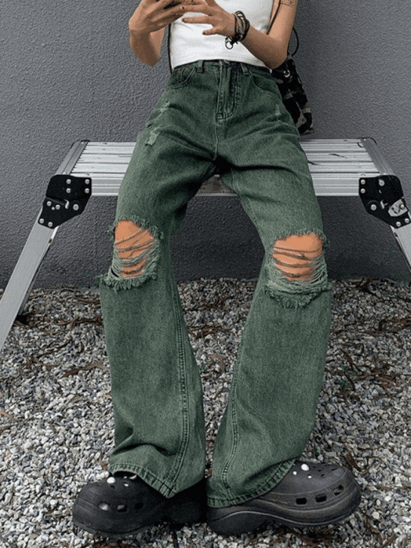 Green Wash Knee Ripped Jeans - AnotherChill