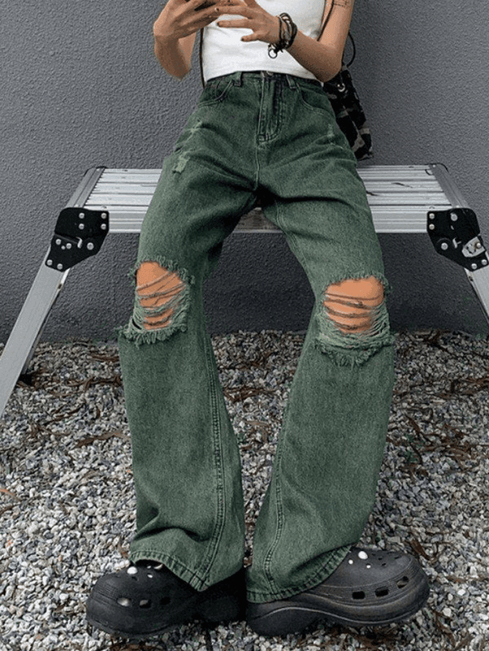 Green Wash Knee Ripped Jeans - AnotherChill