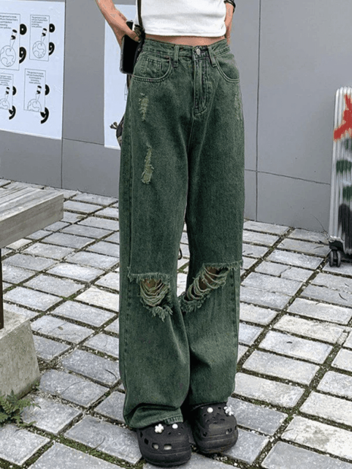 Green Wash Knee Ripped Jeans - AnotherChill