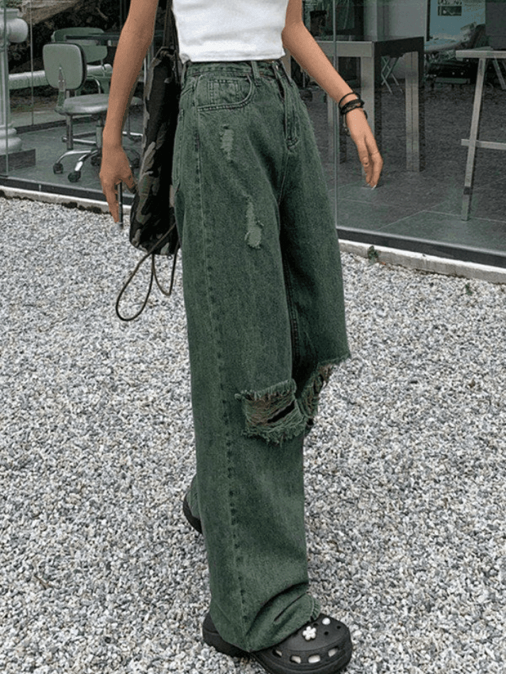 Green Wash Knee Ripped Jeans - AnotherChill