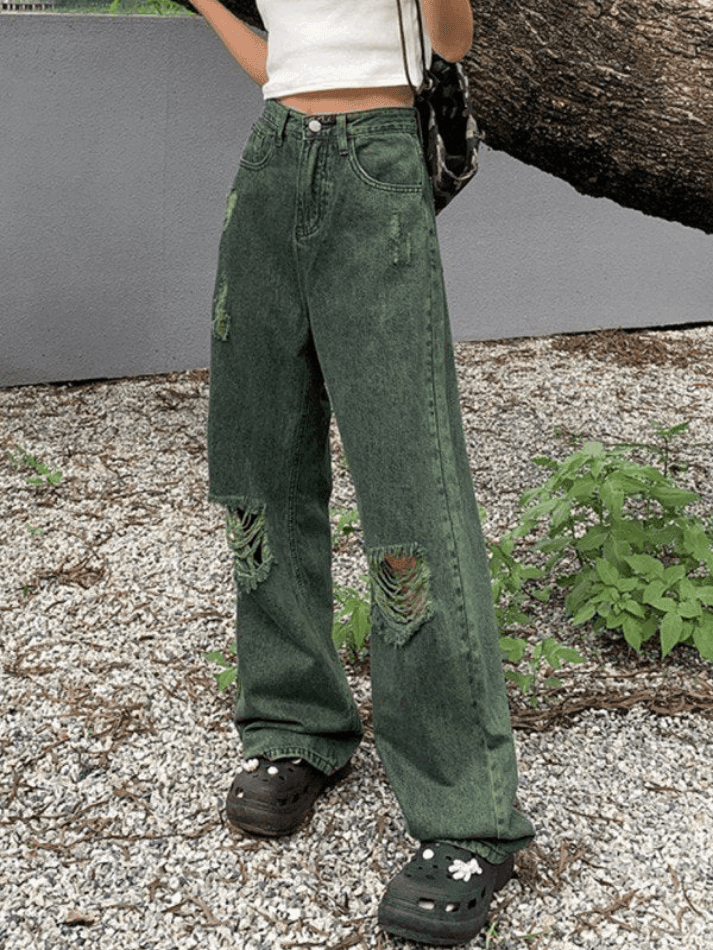 Green Wash Knee Ripped Jeans - AnotherChill