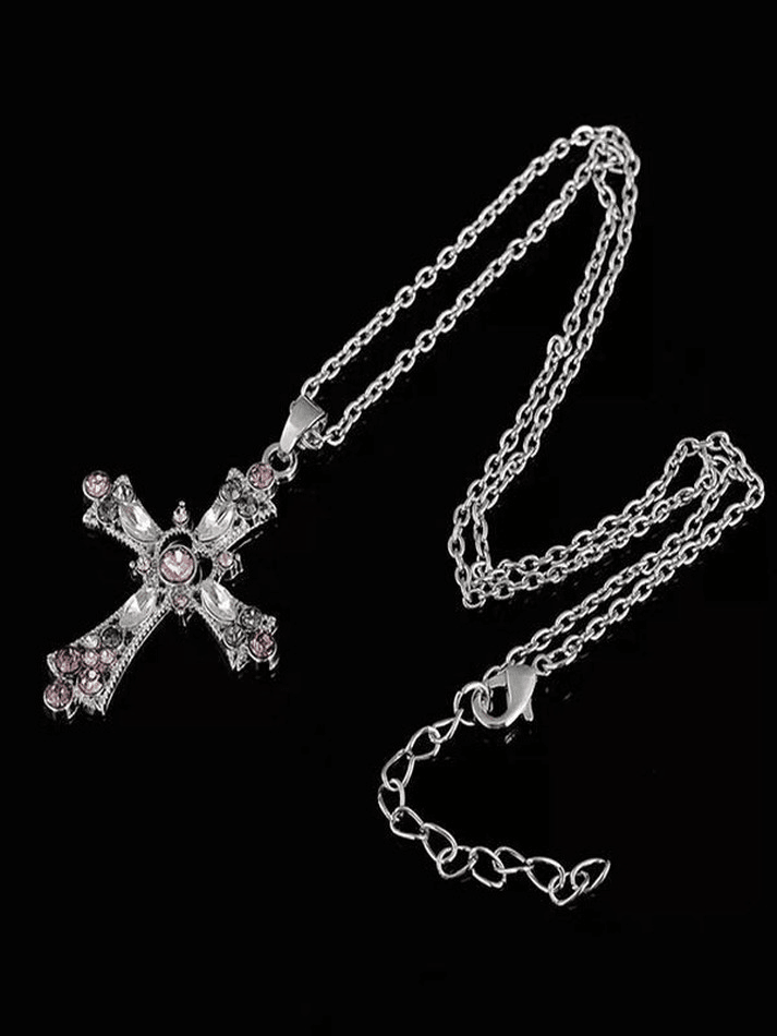 Grunge Rhinestone Cross Pendant Necklace - AnotherChill