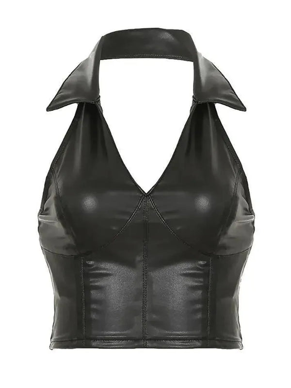 Halter V-Neck Cuffed PU Leather Crop Top - AnotherChill