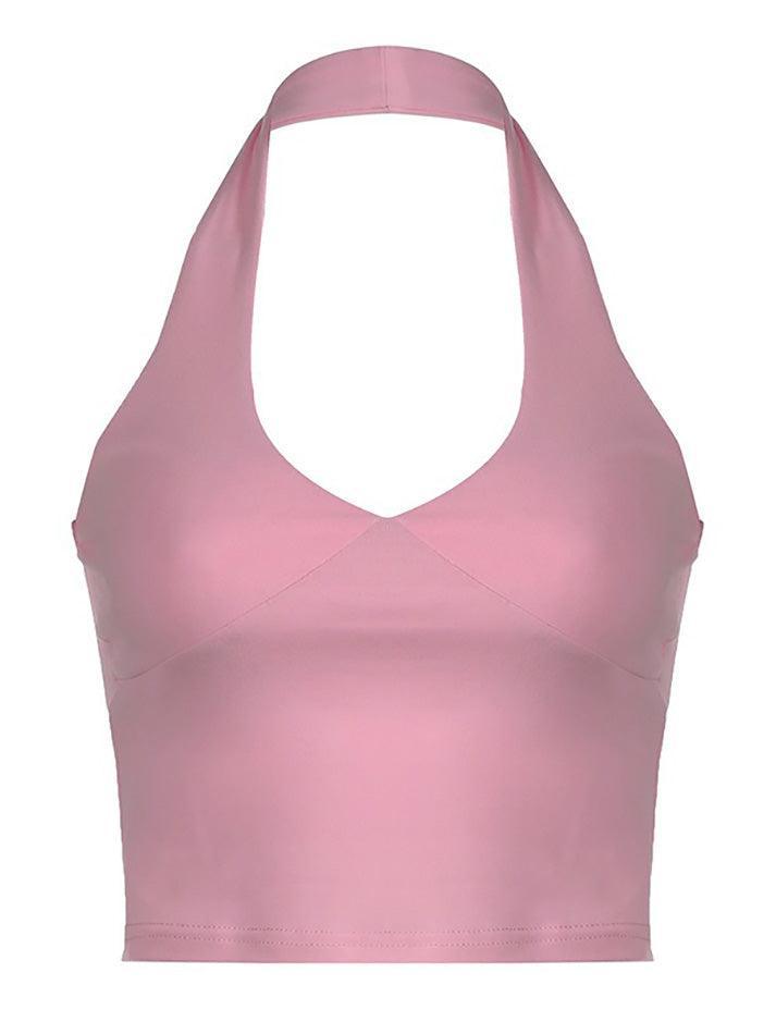 Halter V-Neck Plain Slim-Fit Crop Tank Top - AnotherChill