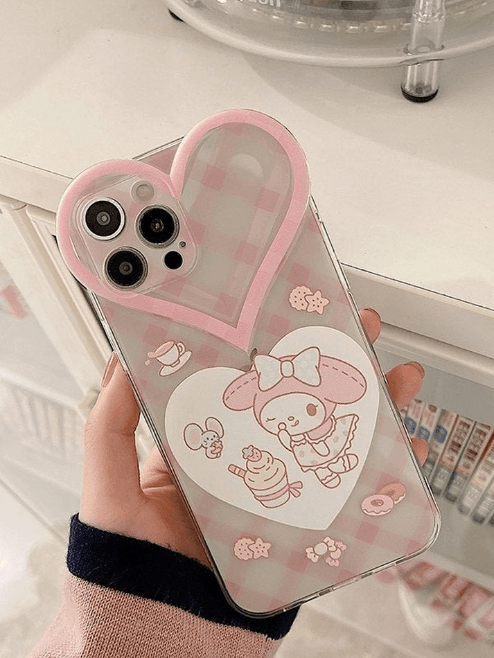 Heart Decor Cartoon Checkered Pattern Iphone Case - AnotherChill